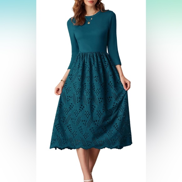 NWT Grace Karin Blue 3/4 Sleeve Eyelet Dress, S